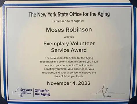 New York State Office for the Aging Exemplary Volunteer Service Award certificate